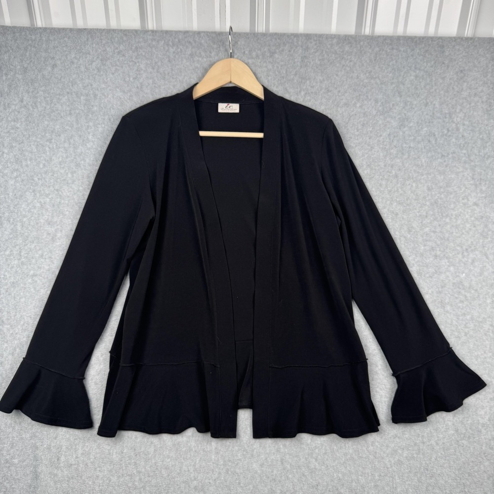 IC Collection Cardigan Women Large Black Ruffle Hem Bell Sleeve Open Front Knit